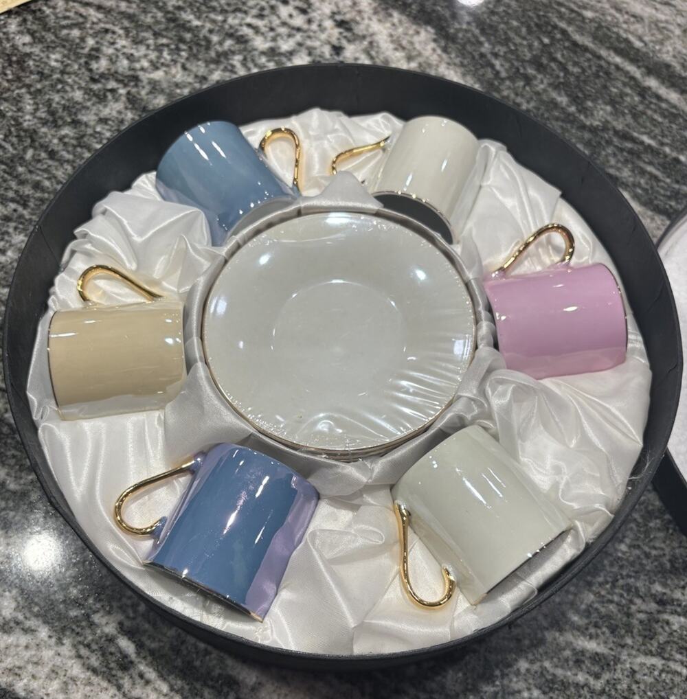 I. GODINGER ESPRESSO SET NIB PEARL LUSTER SIX CUPS & SAUCERS